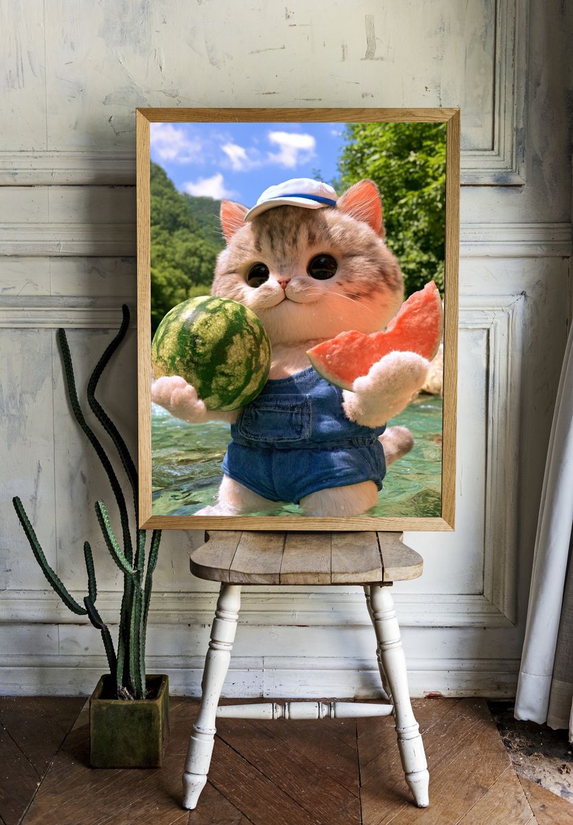 Watermelon Cat Illustration Poster. — room view 1