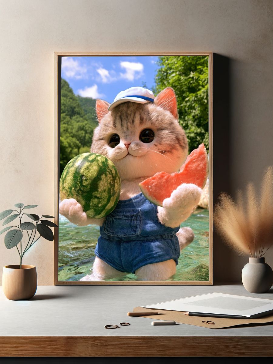 Watermelon Cat Illustration Poster. — room view 2