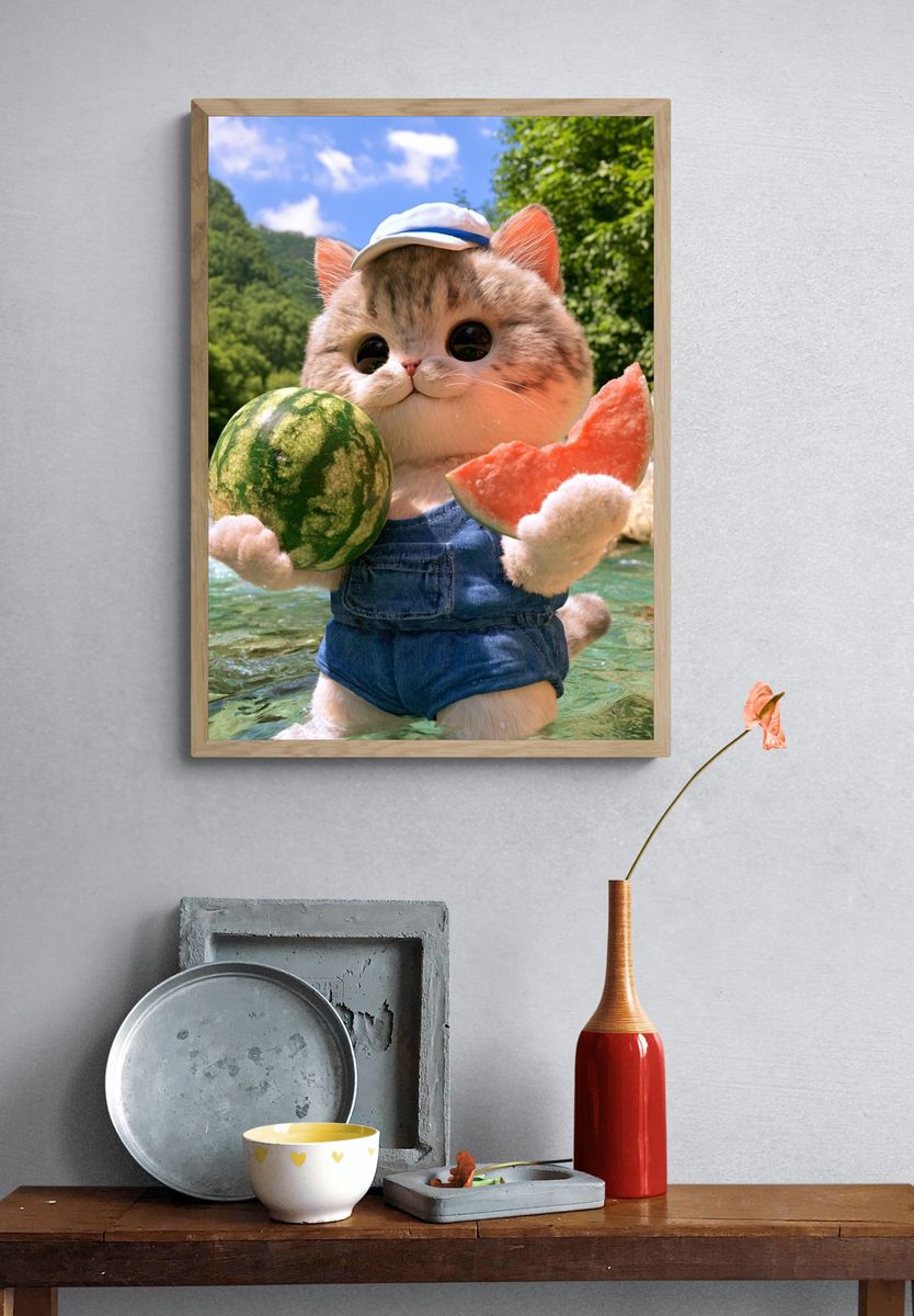 Watermelon Cat Illustration Poster. — room view 3