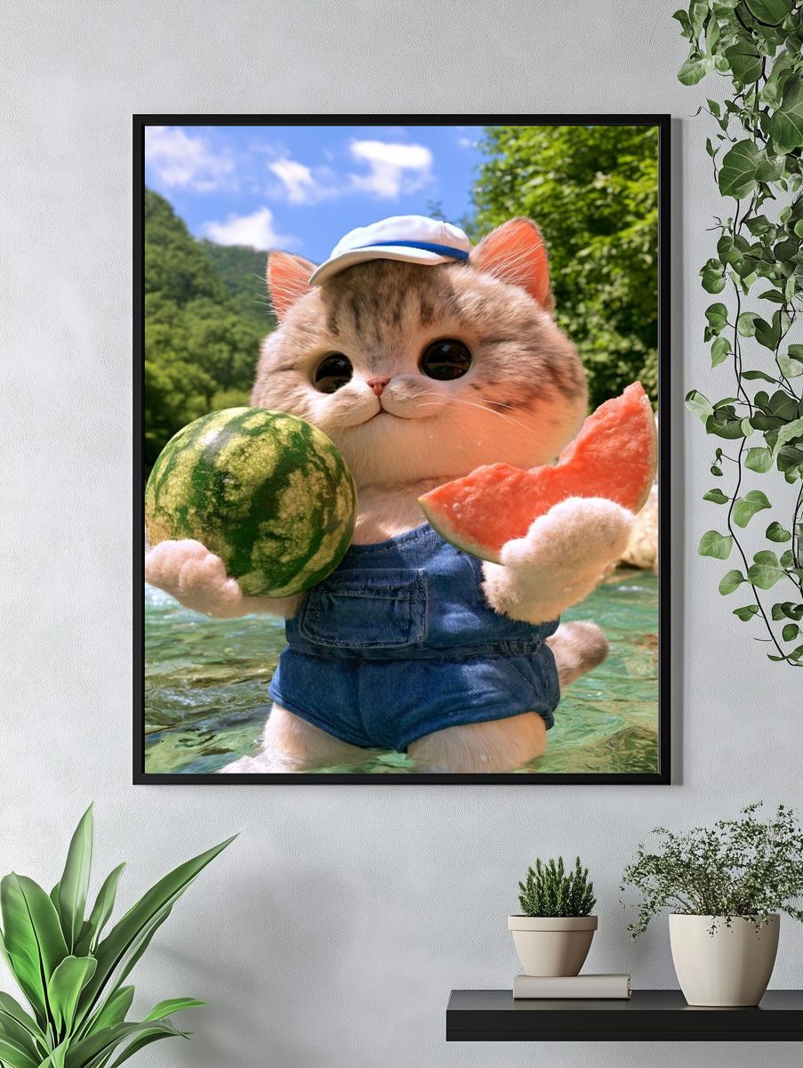 Watermelon Cat Illustration Poster. — room view 4