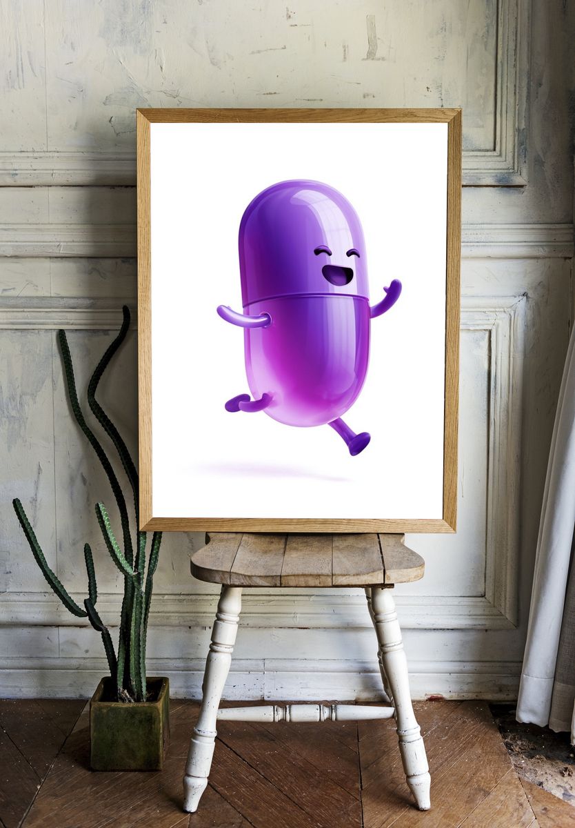 Happy Purple Capsule Illustration Poster. room preview