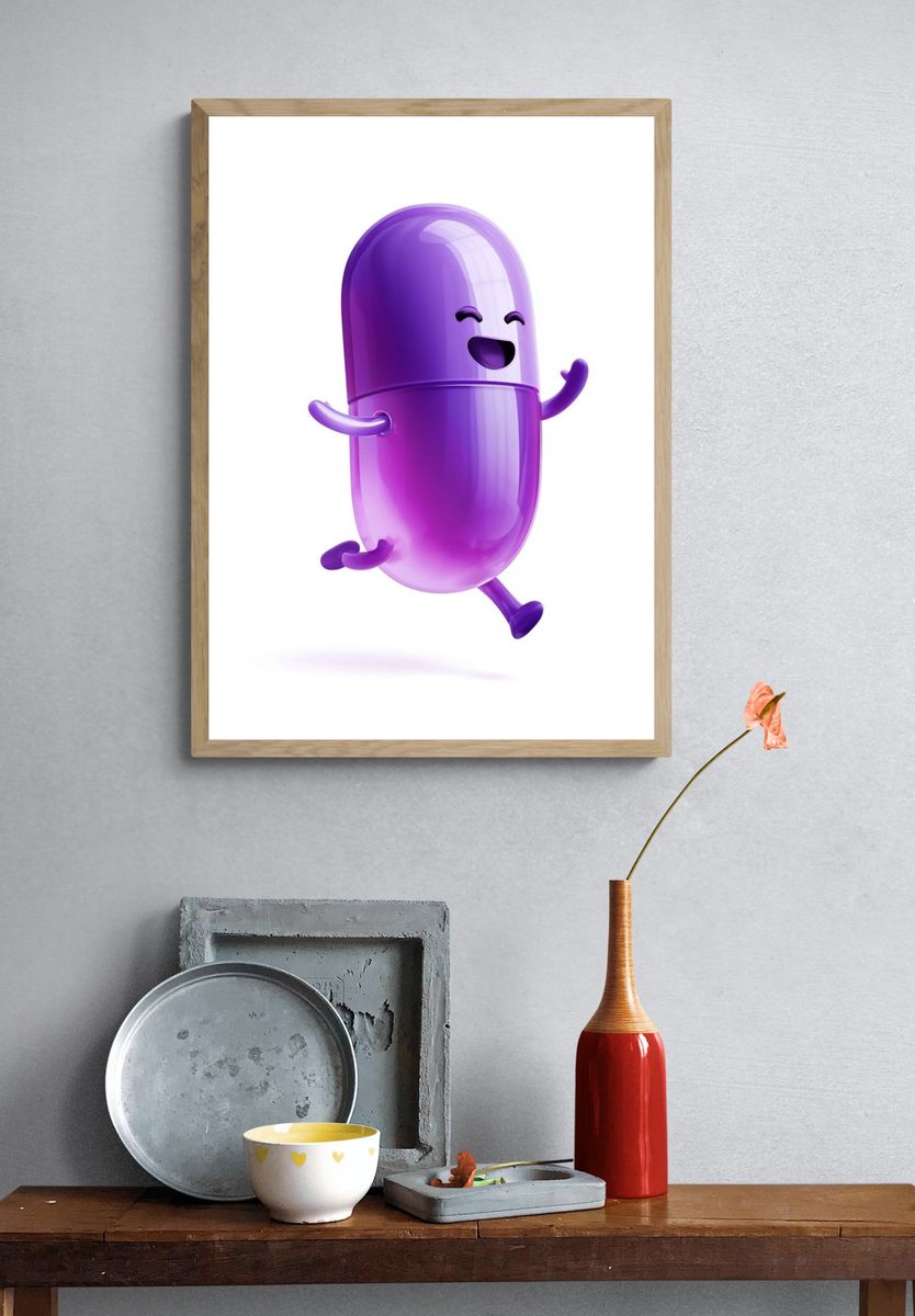 Happy Purple Capsule Illustration Poster. — room view 3