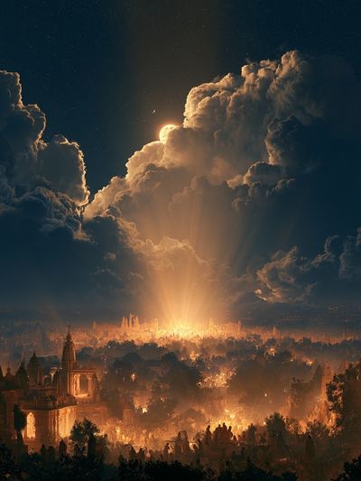 Moonlit Temple City Fantasy Print. poster