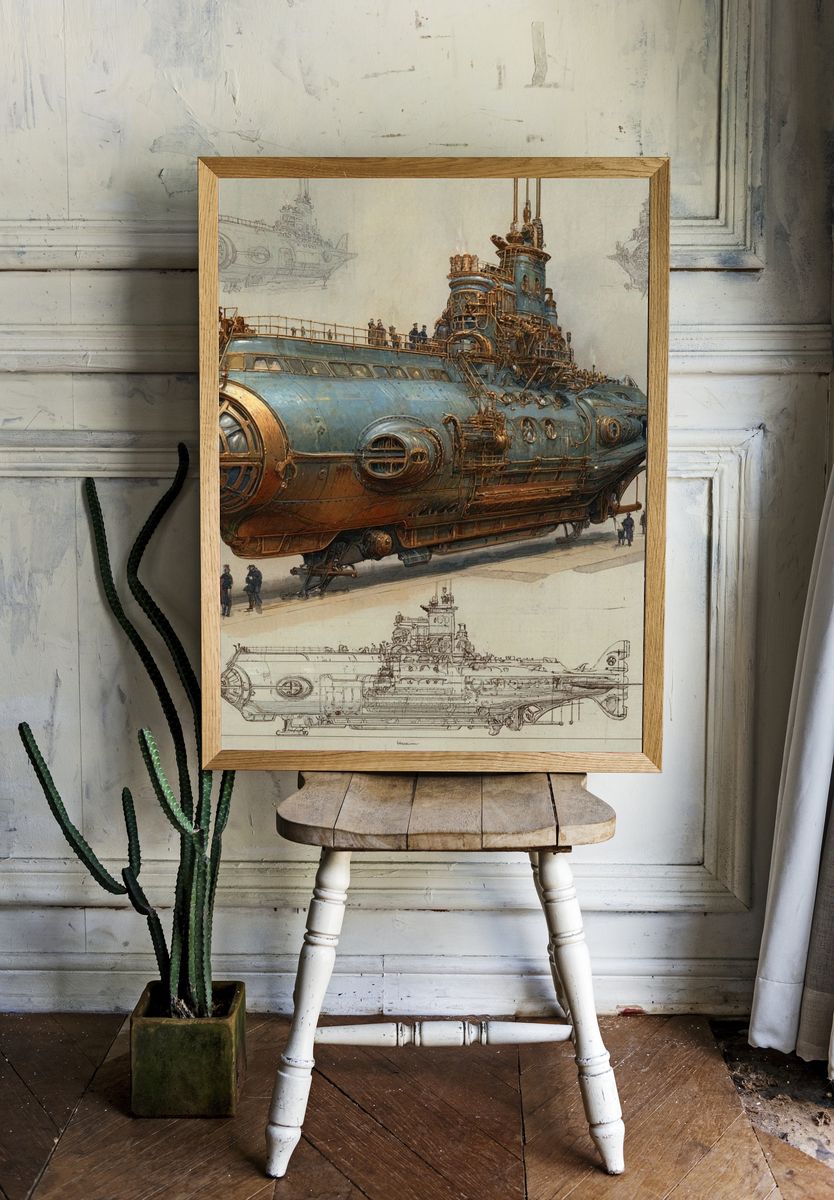 Steampunk Submarine Illustration Poster. — room view 1