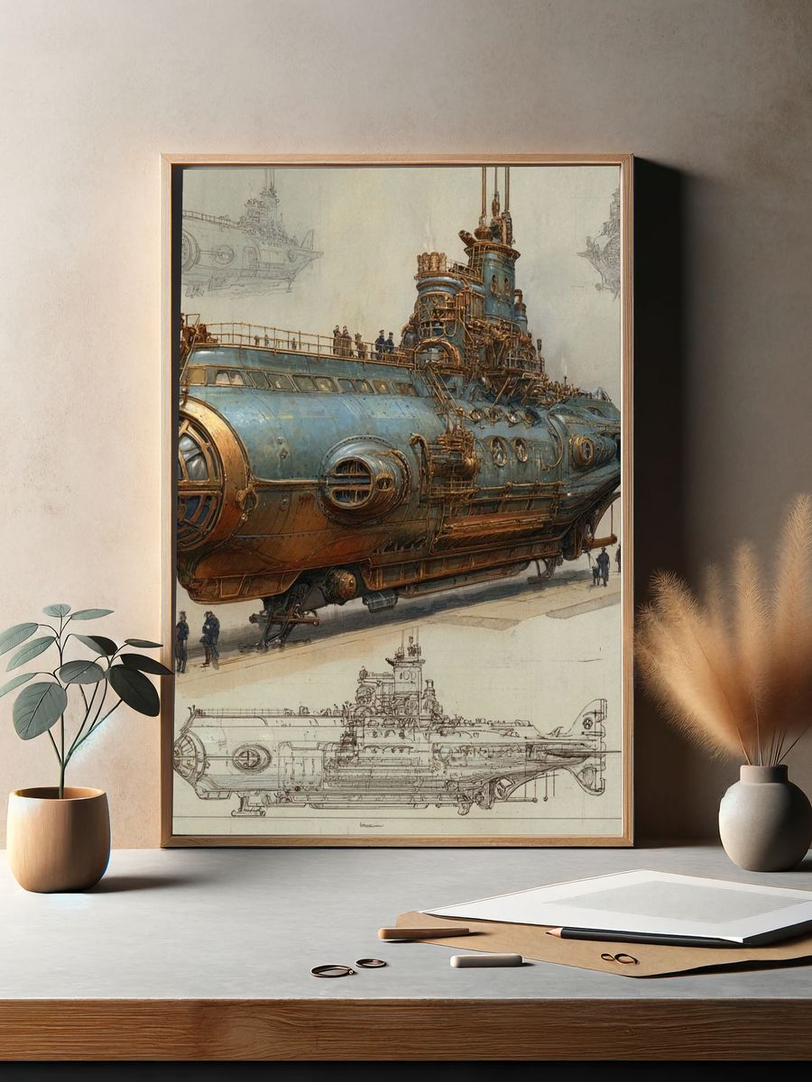 Steampunk Submarine Illustration Poster. — room view 2