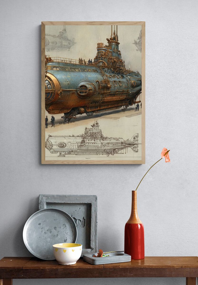 Steampunk Submarine Illustration Poster. — room view 3