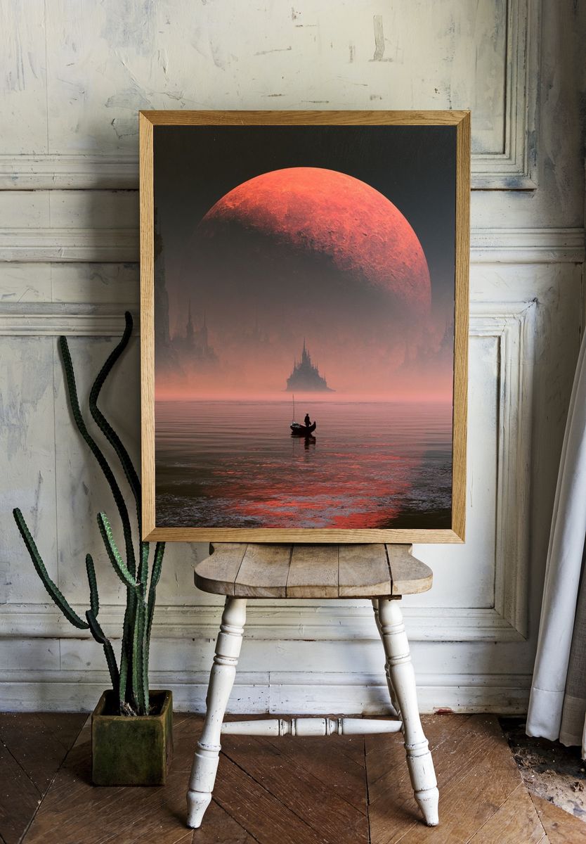 Red Moon Seascape Fantasy Print. room preview