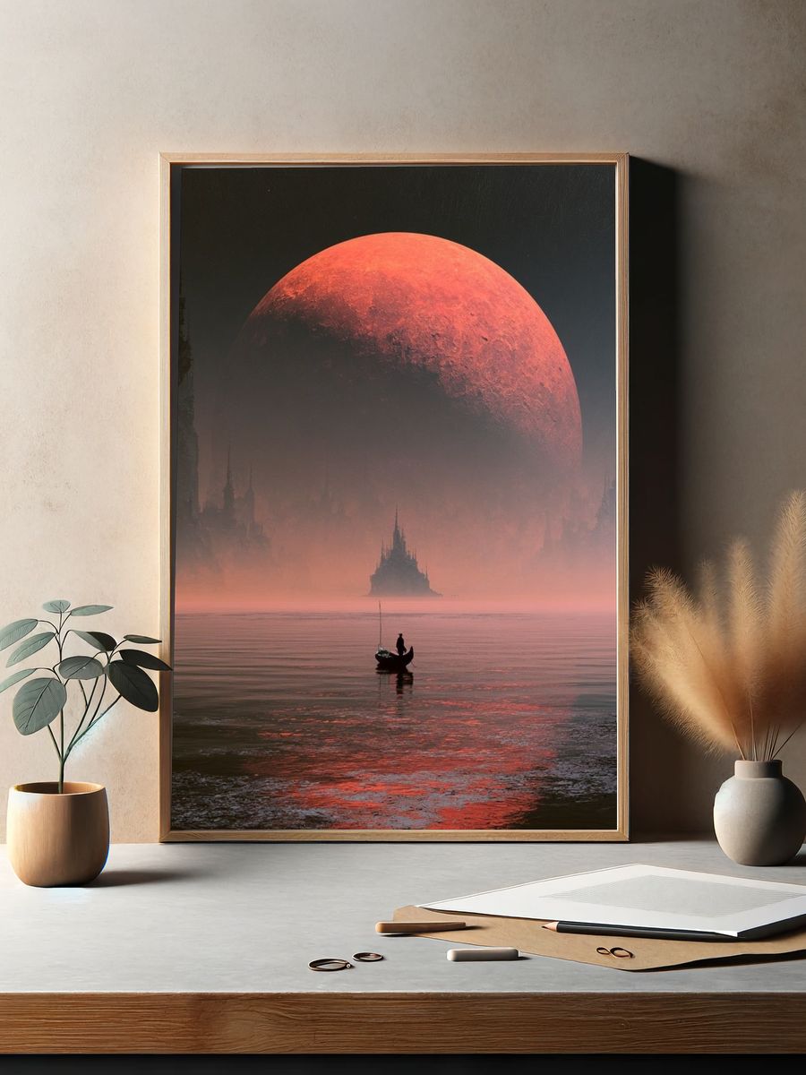 Red Moon Seascape Fantasy Print. — room view 2