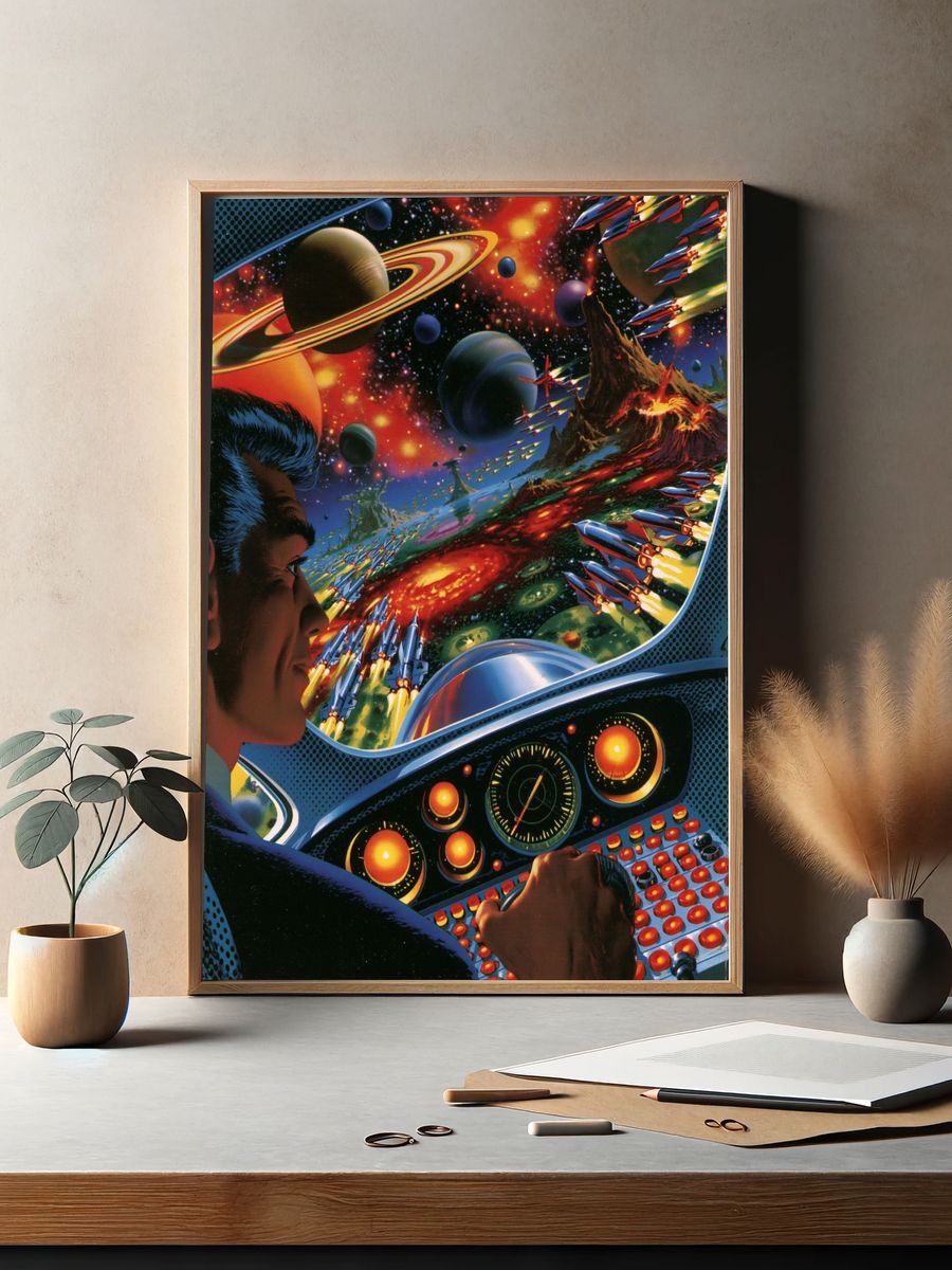 Retro Space Battle Illustration Poster. — room view 2