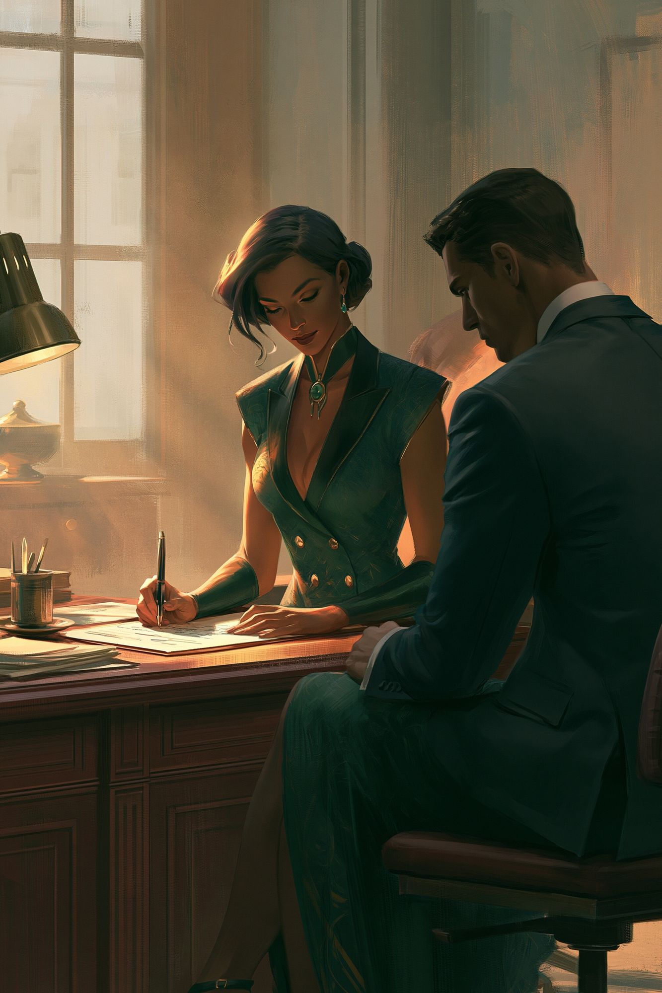Elegant Office Scene Illustration Poster. poster — illustration art
