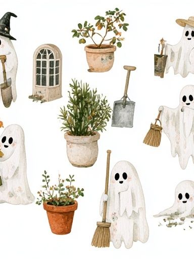 Halloween Ghost Garden Illustration Poster. poster — illustration art