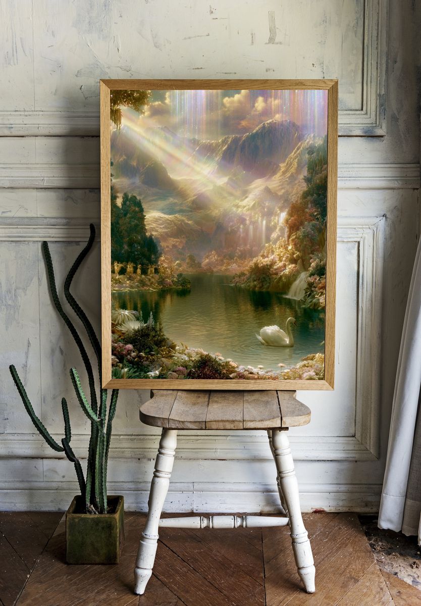 Enchanted Mountain Lake Fantasy Print. — room view 1