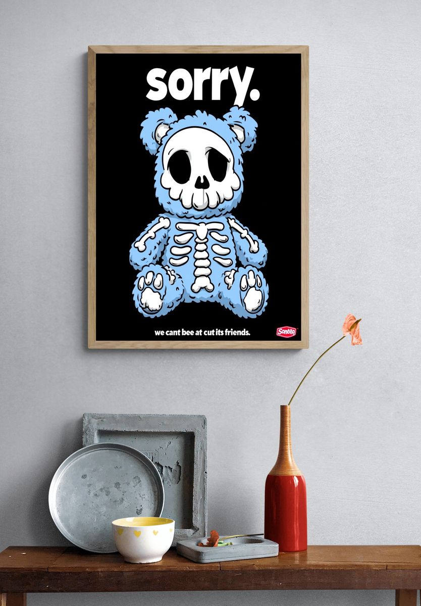 Sorry Skeleton Bear Cartoon Poster. — room view 3
