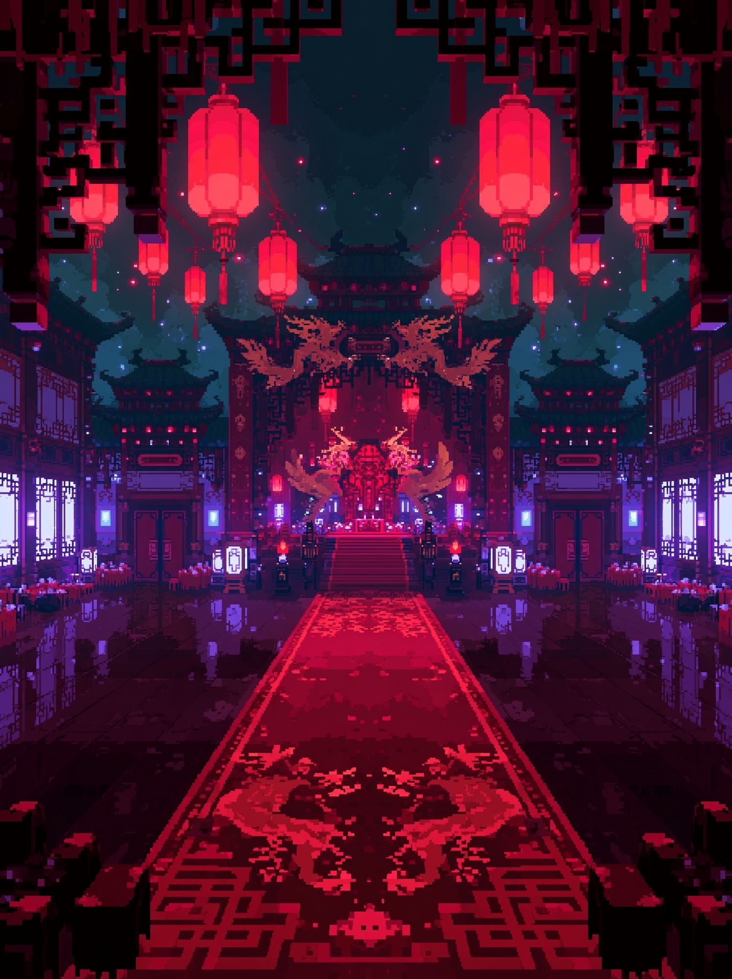 Neon Temple Hallway Digital Art Poster. poster — illustration art
