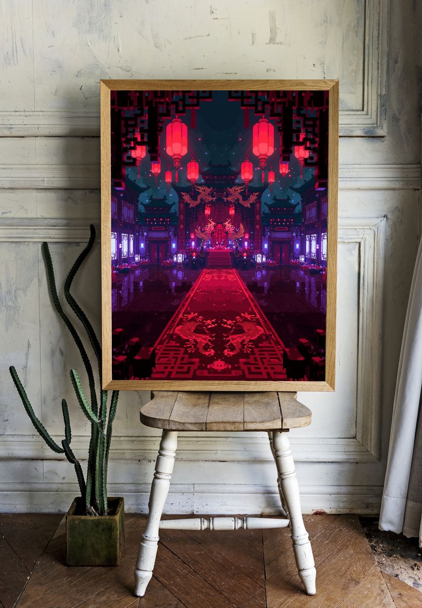 Neon Temple Hallway Digital Art Poster. room preview