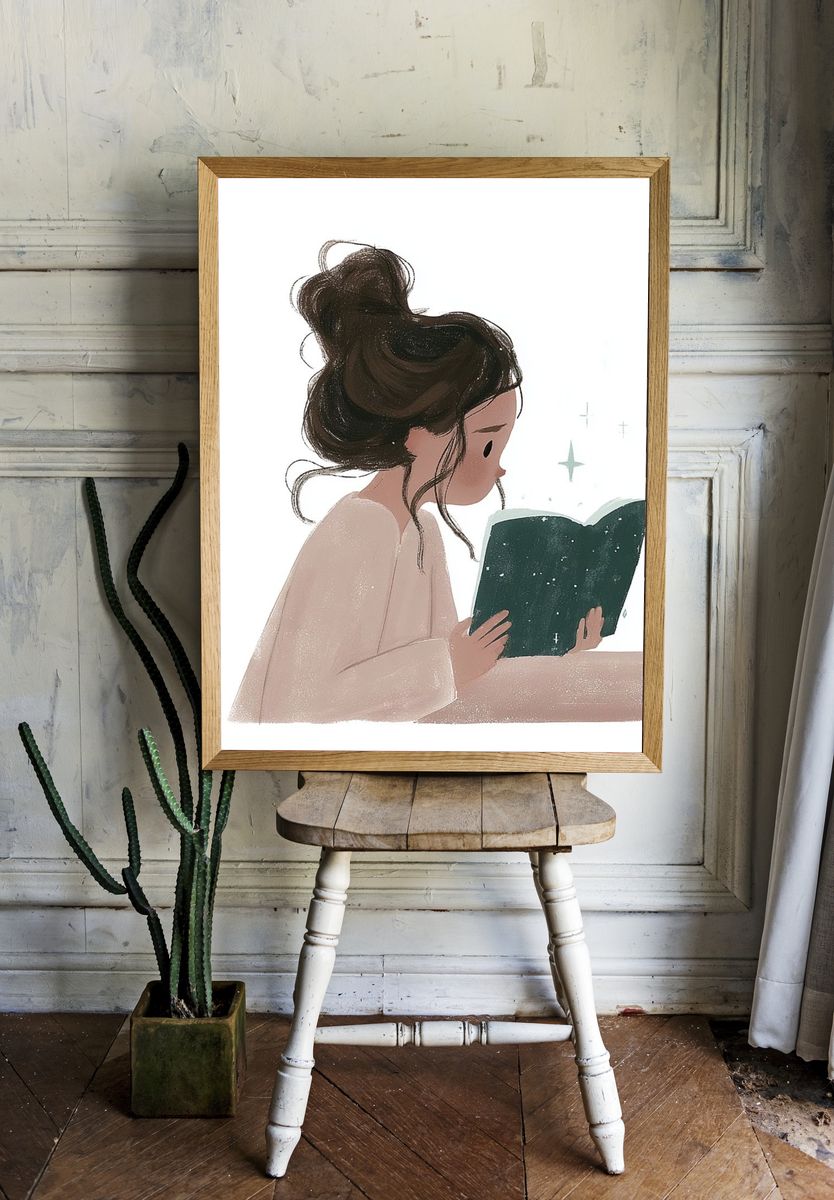 Girl Reading Book Illustration Poster. room preview
