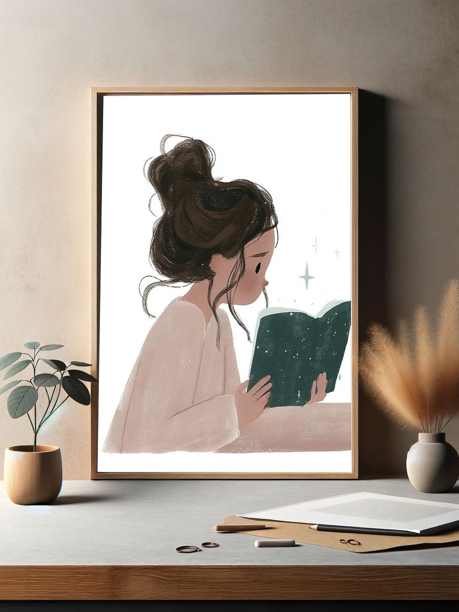 Girl Reading Book Illustration Poster. — room view 2