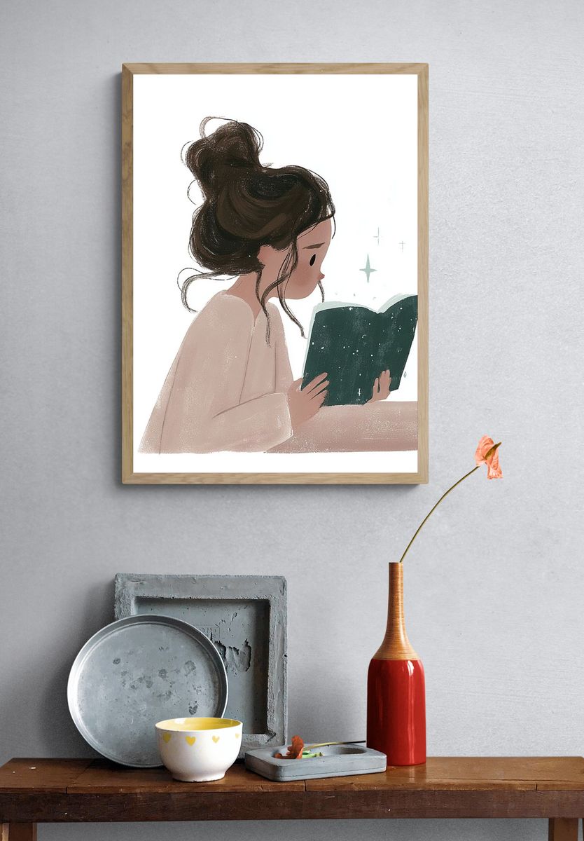 Girl Reading Book Illustration Poster. — room view 3