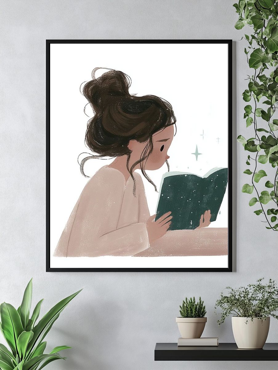 Girl Reading Book Illustration Poster. — room view 4
