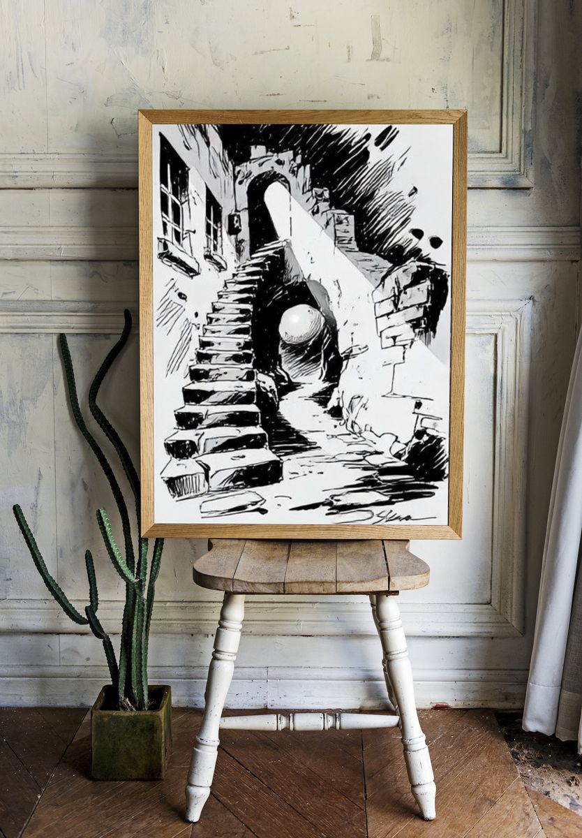 Surreal Staircase Ink Poster. — room view 1