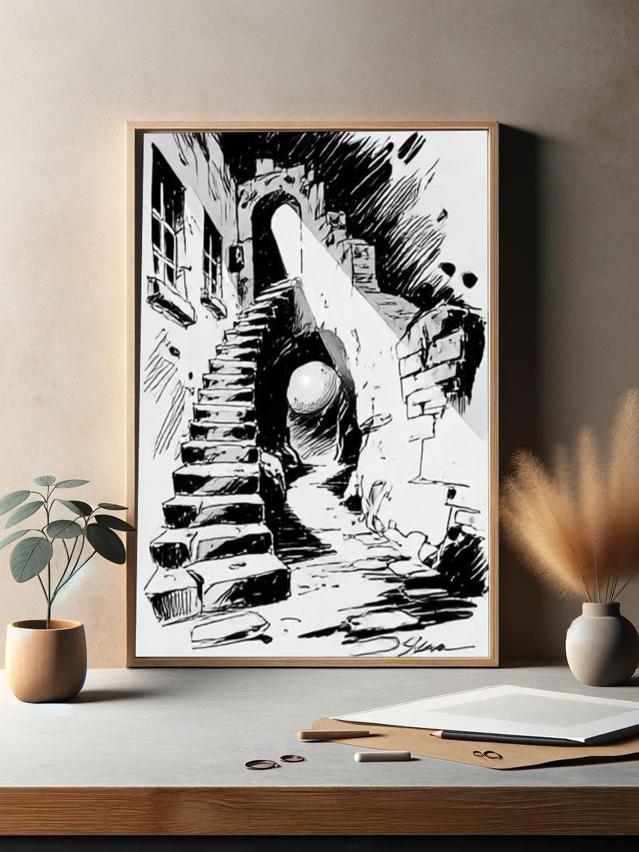 Surreal Staircase Ink Poster. — room view 2