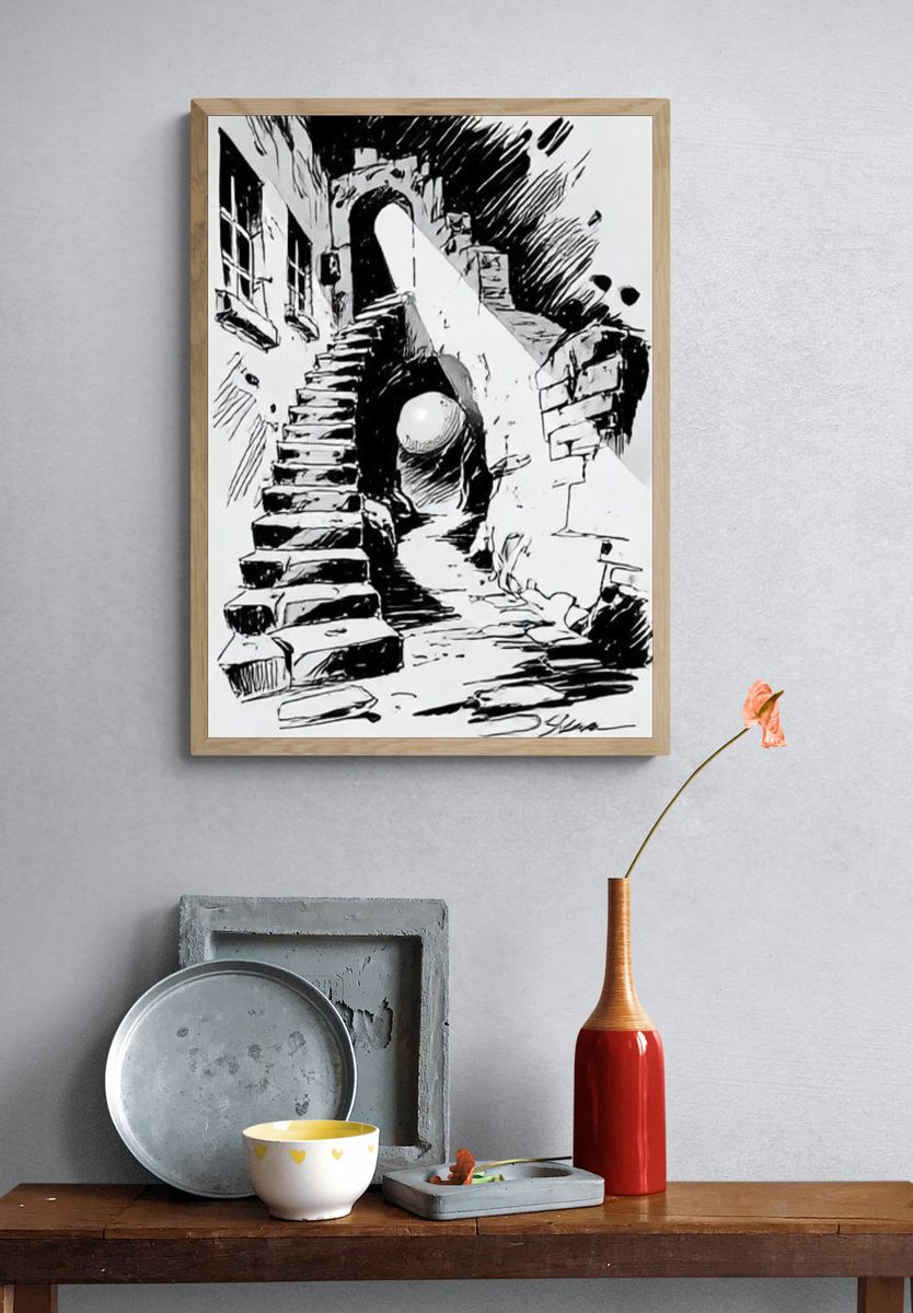 Surreal Staircase Ink Poster. — room view 3