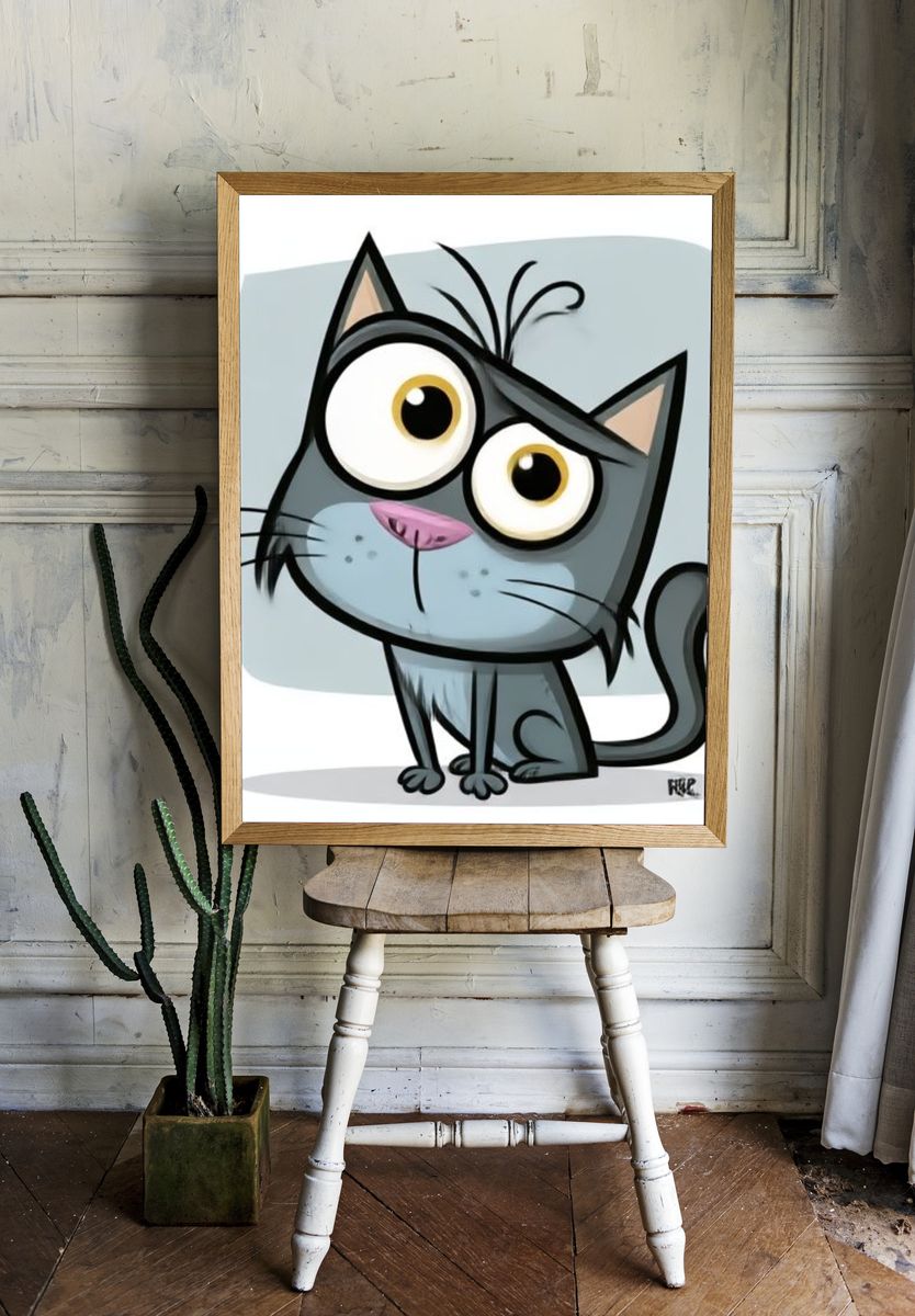 Wide-Eyed Cat Cartoon Poster. room preview