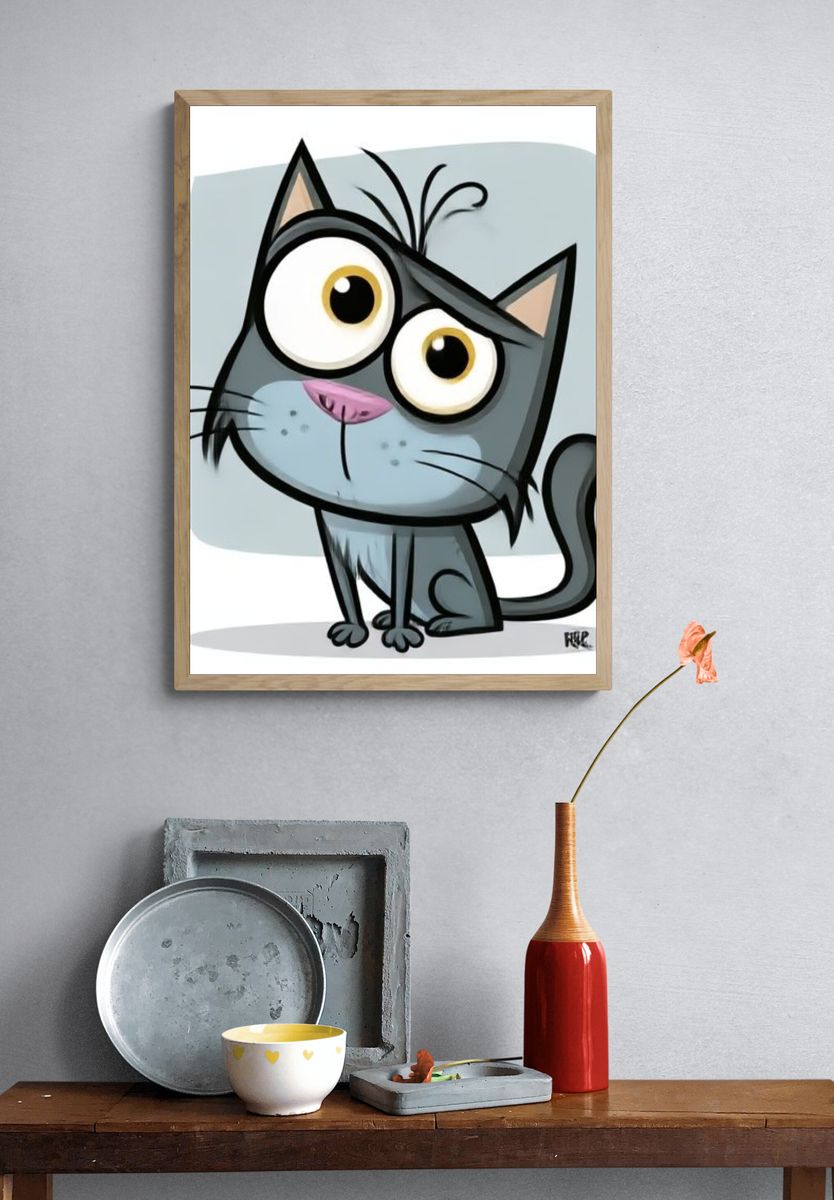 Wide-Eyed Cat Cartoon Poster. — room view 3