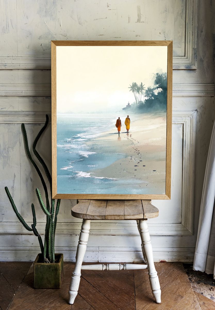 Monks Walking on Beach — Illustration Print. — room view 1