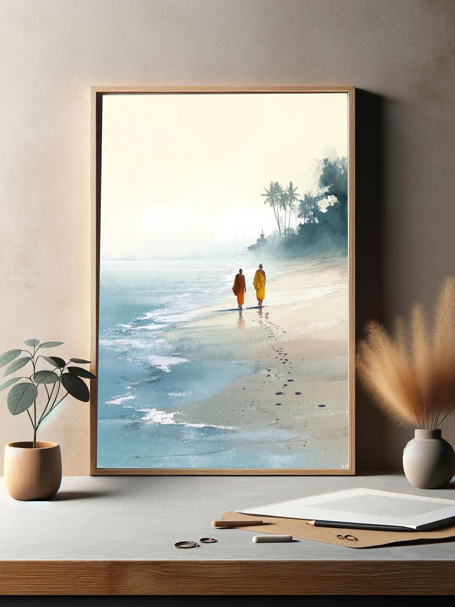 Monks Walking on Beach — Illustration Print. — room view 2
