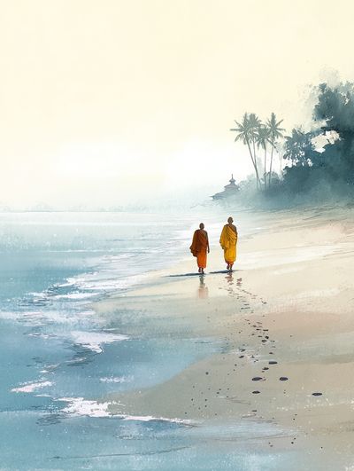 Monks Walking on Beach — Illustration Print. poster print