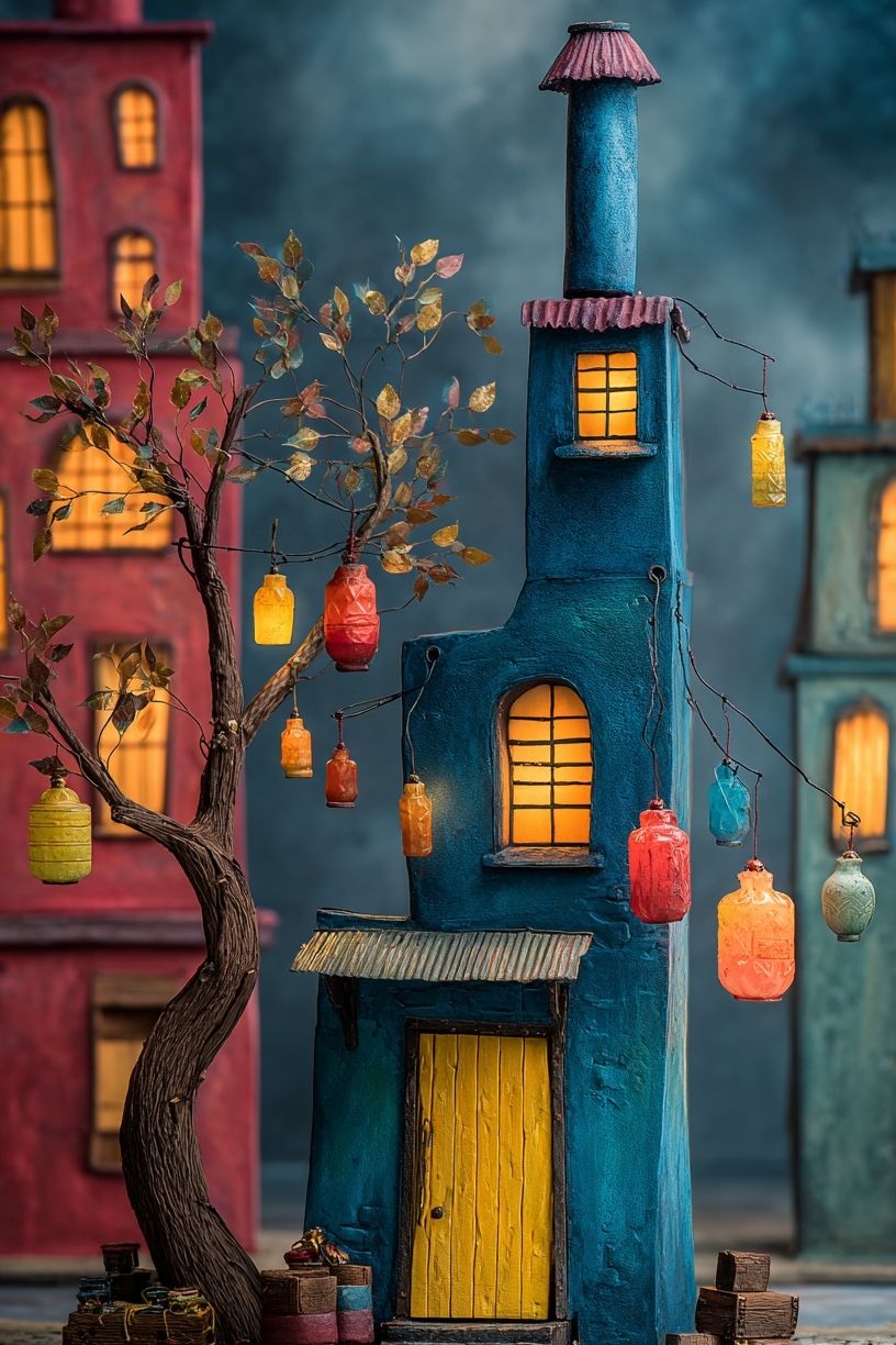 Colorful Village Scene — Illustration Print. poster — illustration art