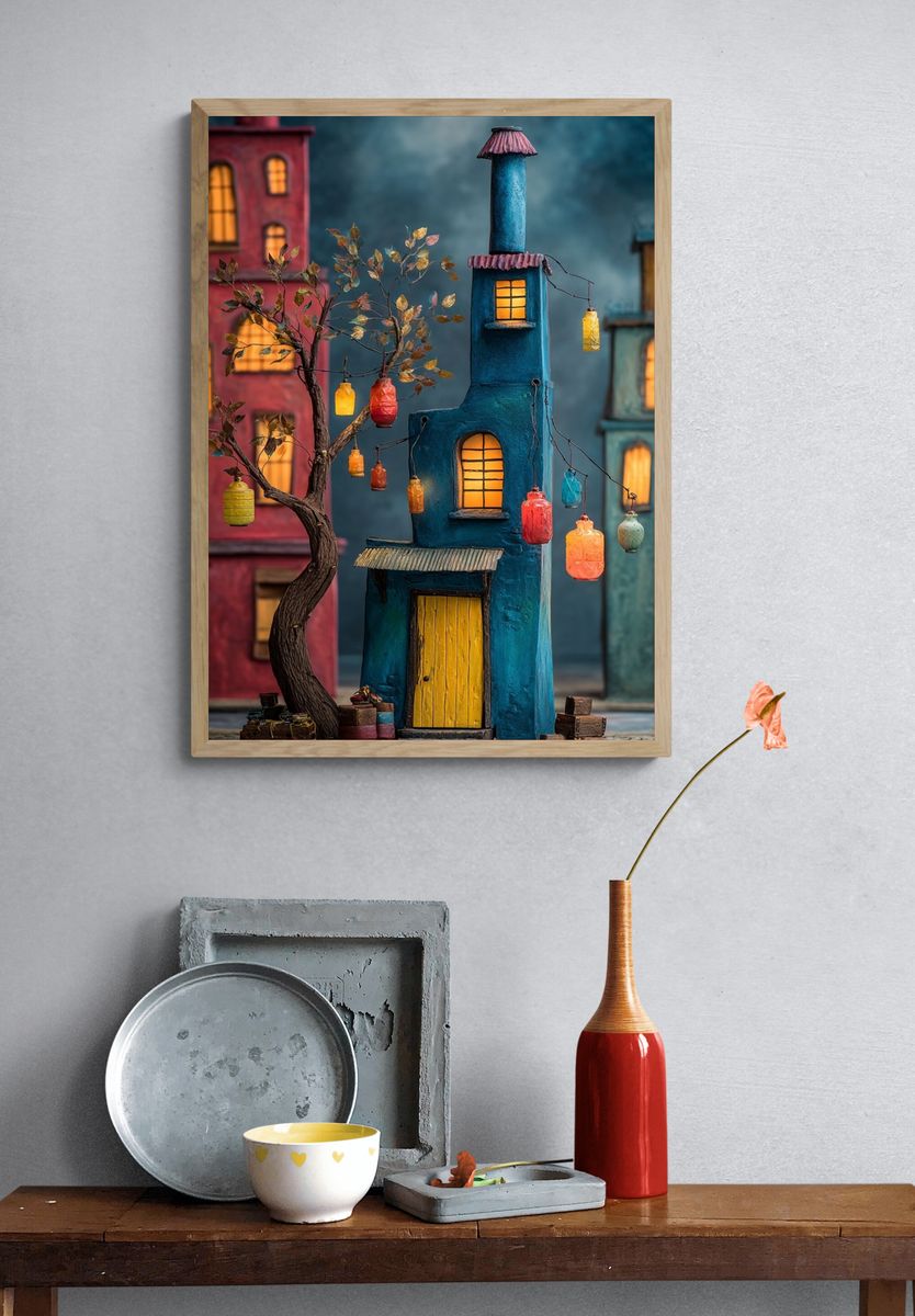 Colorful Village Scene — Illustration Print. — room view 3