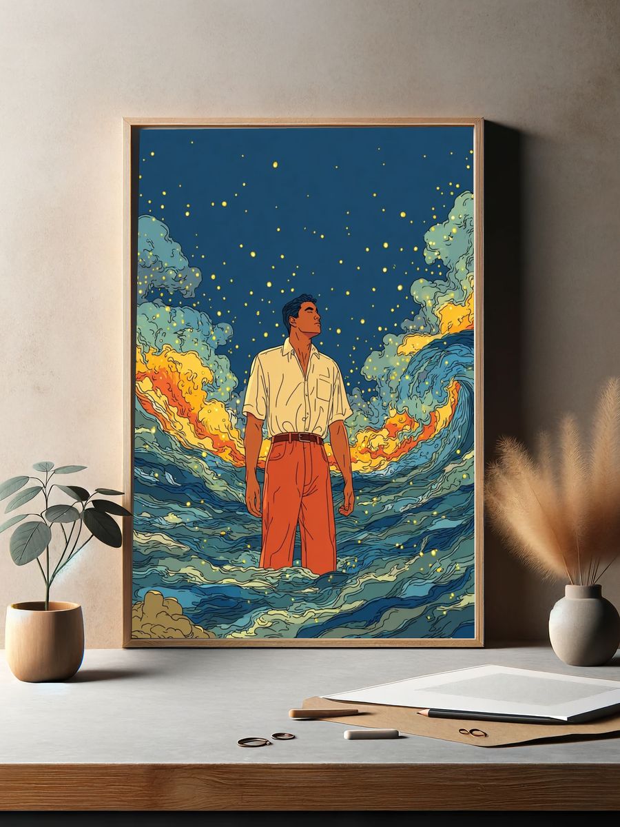 Man in Waves — Illustration Print. — room view 2