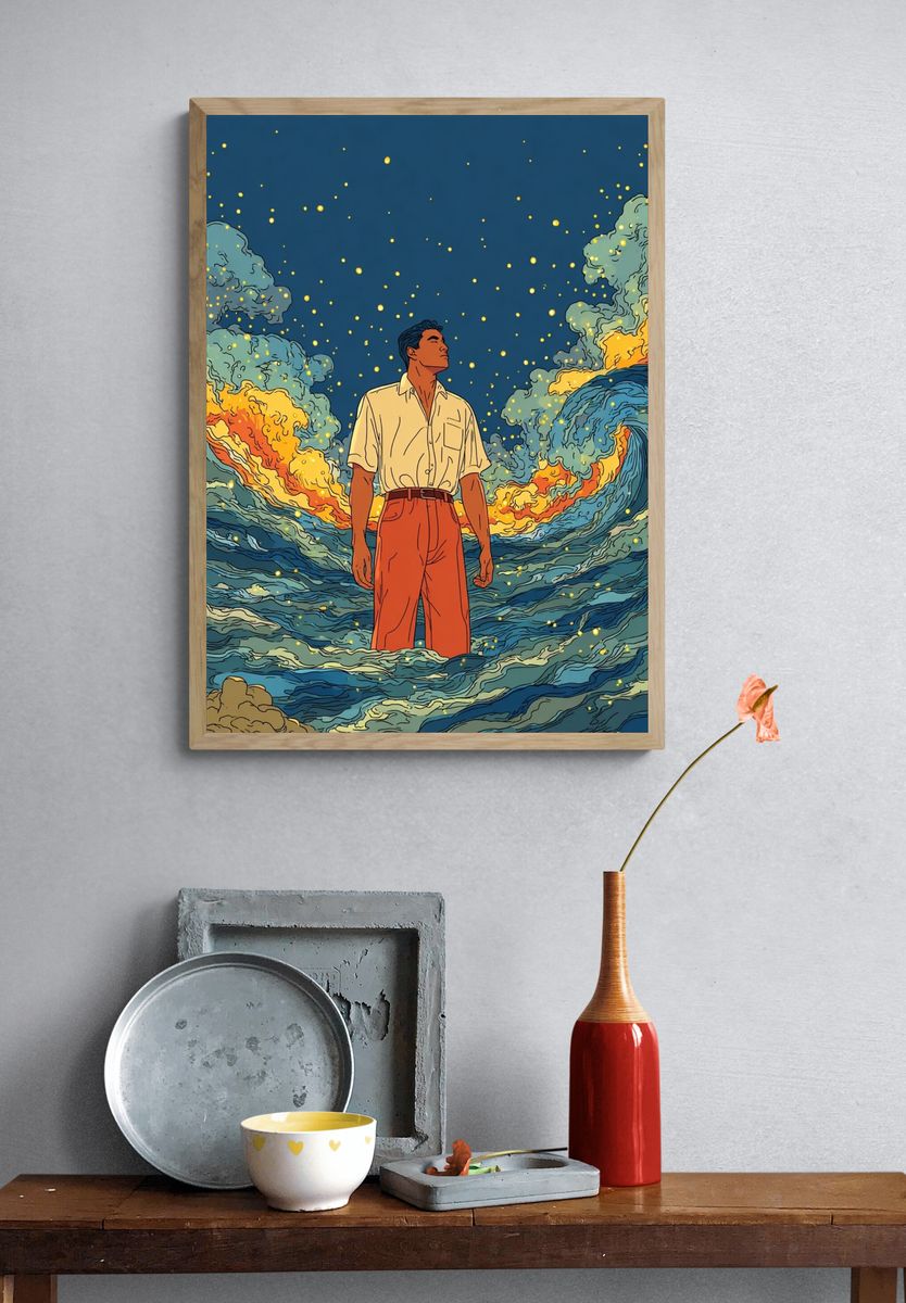 Man in Waves — Illustration Print. — room view 3