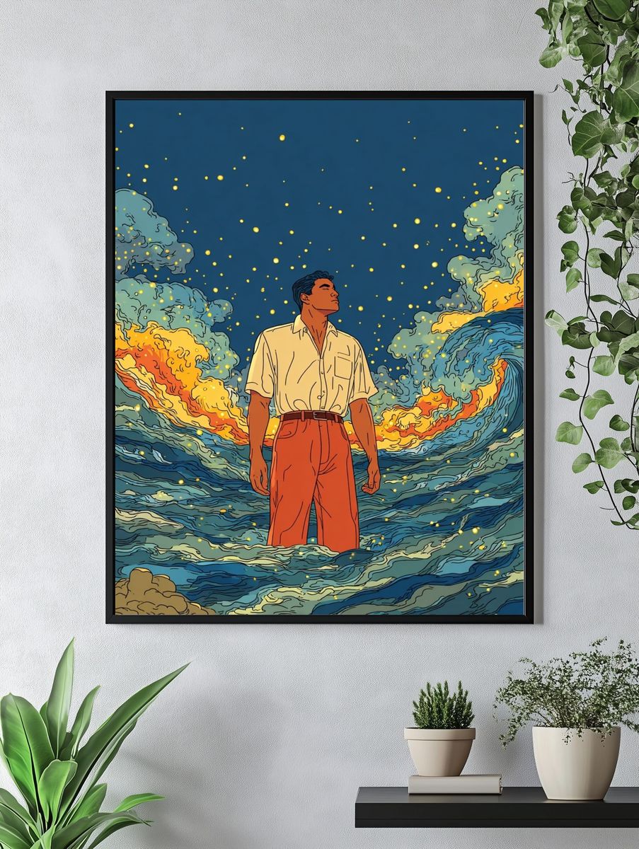 Man in Waves — Illustration Print. — room view 4
