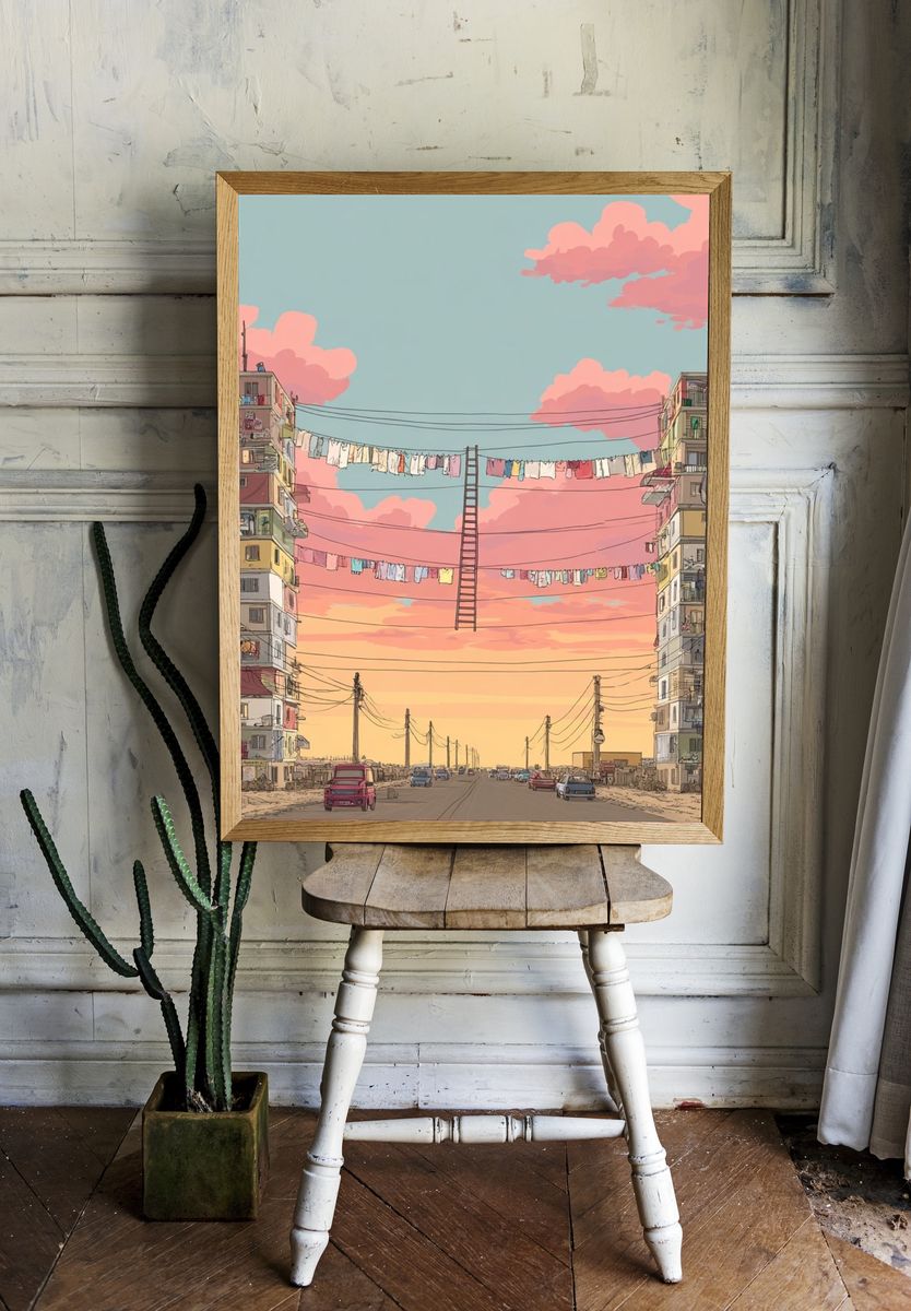 Urban Landscape with Clotheslines — Illustration Print. — room view 1