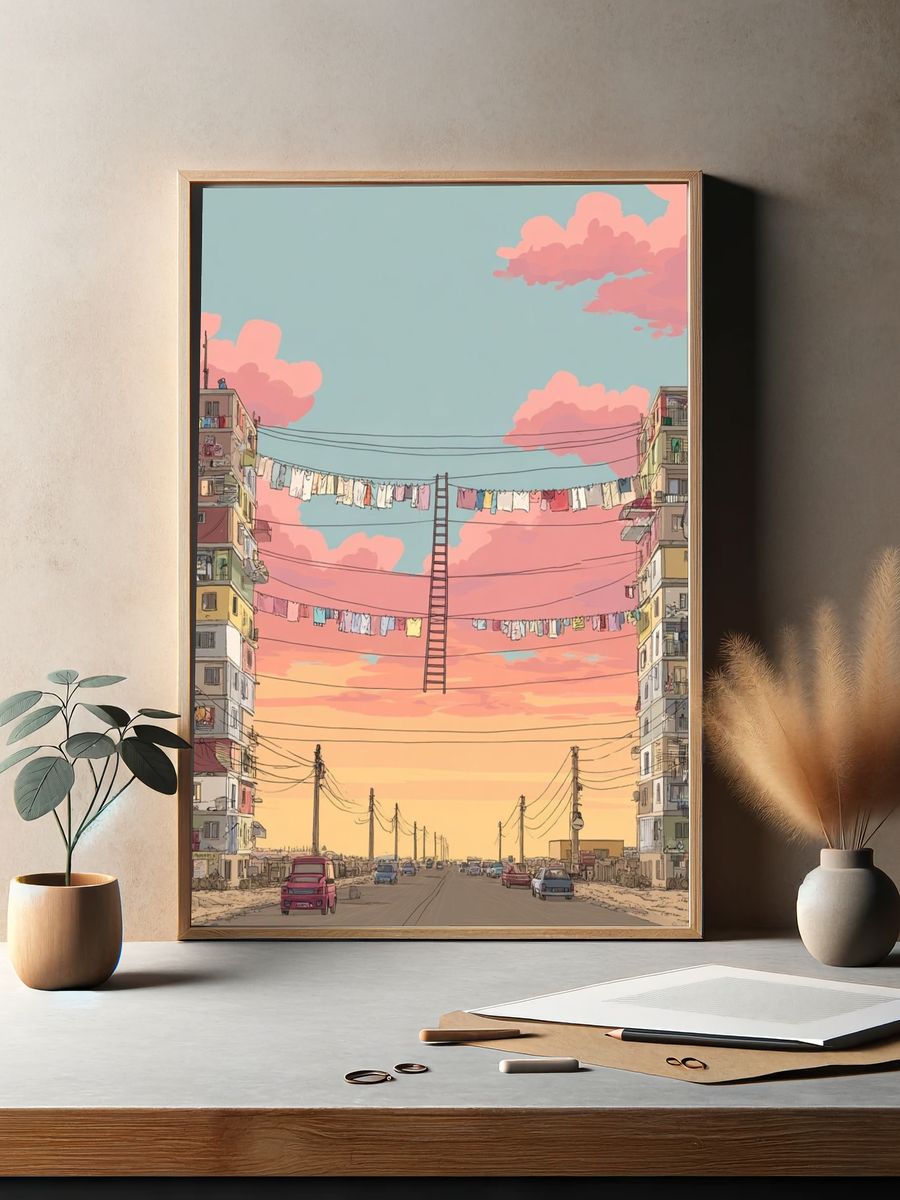 Urban Landscape with Clotheslines — Illustration Print. — room view 2