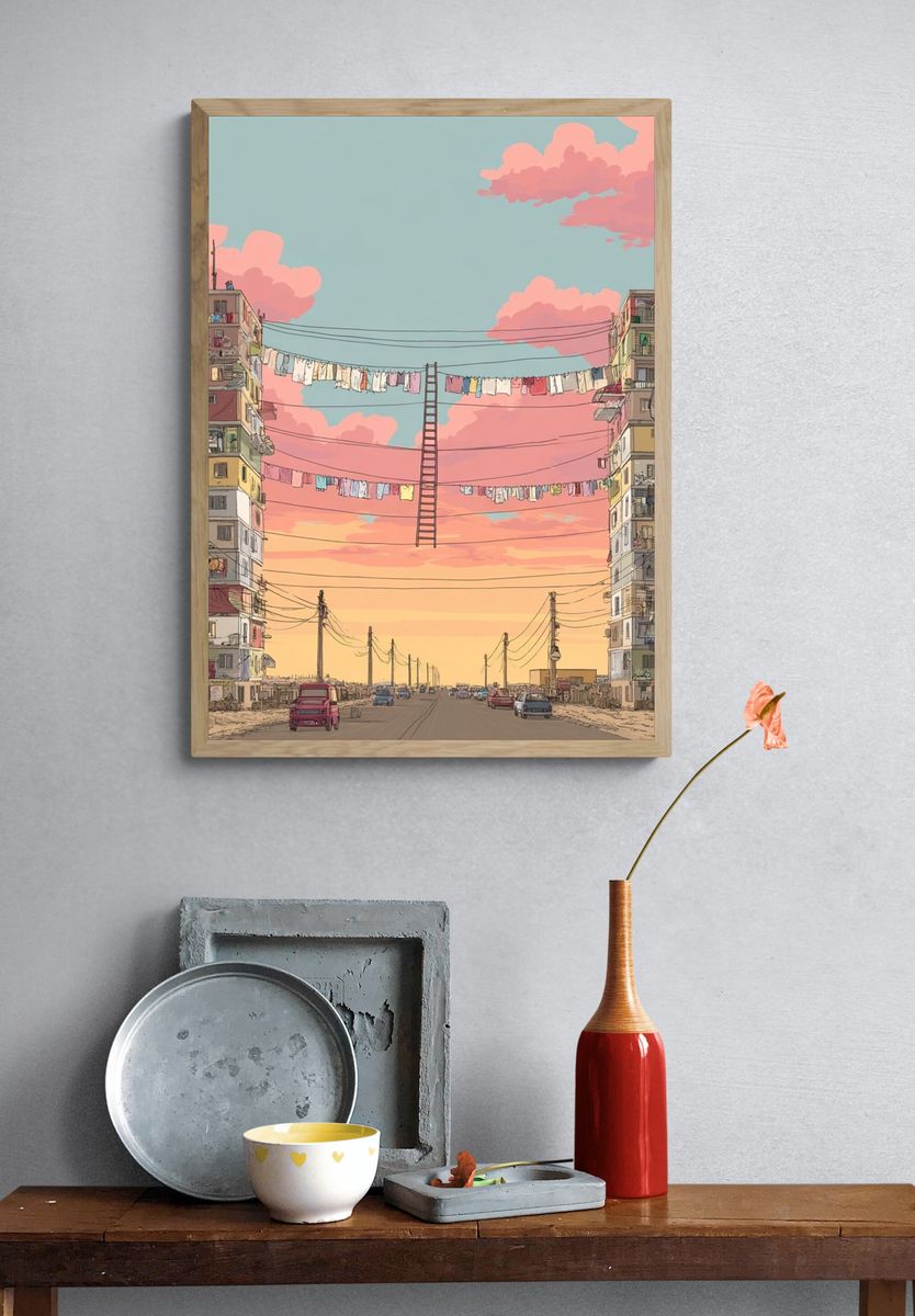 Urban Landscape with Clotheslines — Illustration Print. — room view 3