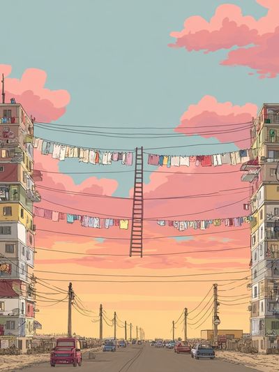 Urban Landscape with Clotheslines — Illustration Print. poster print