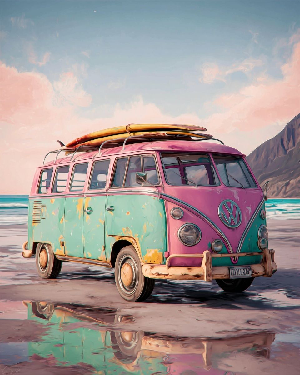 Pastel Surf Van Illustration Print. poster — illustration art