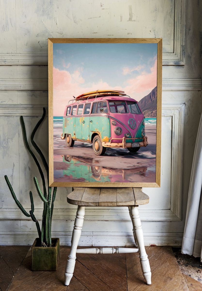 Pastel Surf Van Illustration Print. — room view 1