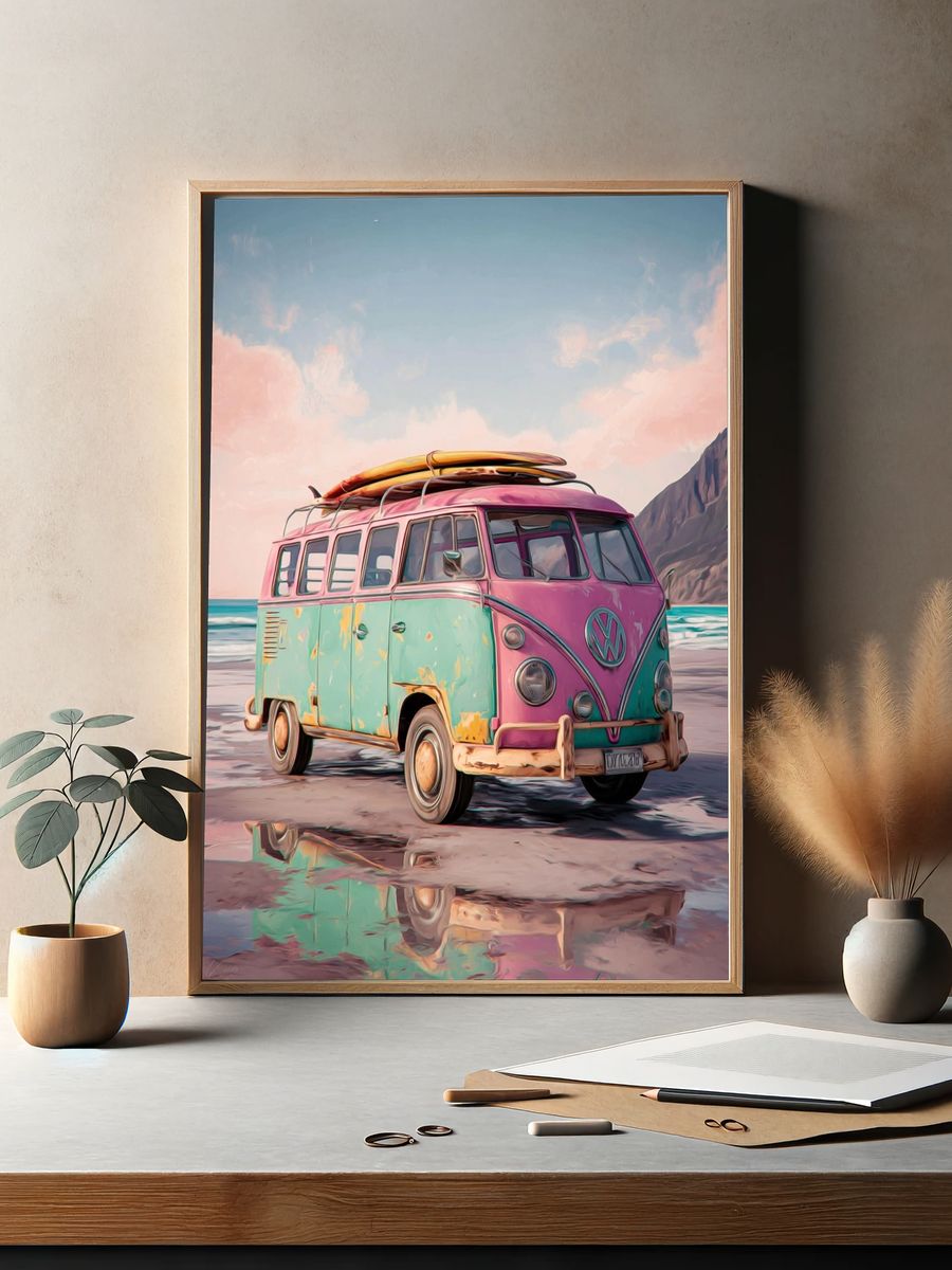 Pastel Surf Van Illustration Print. — room view 2