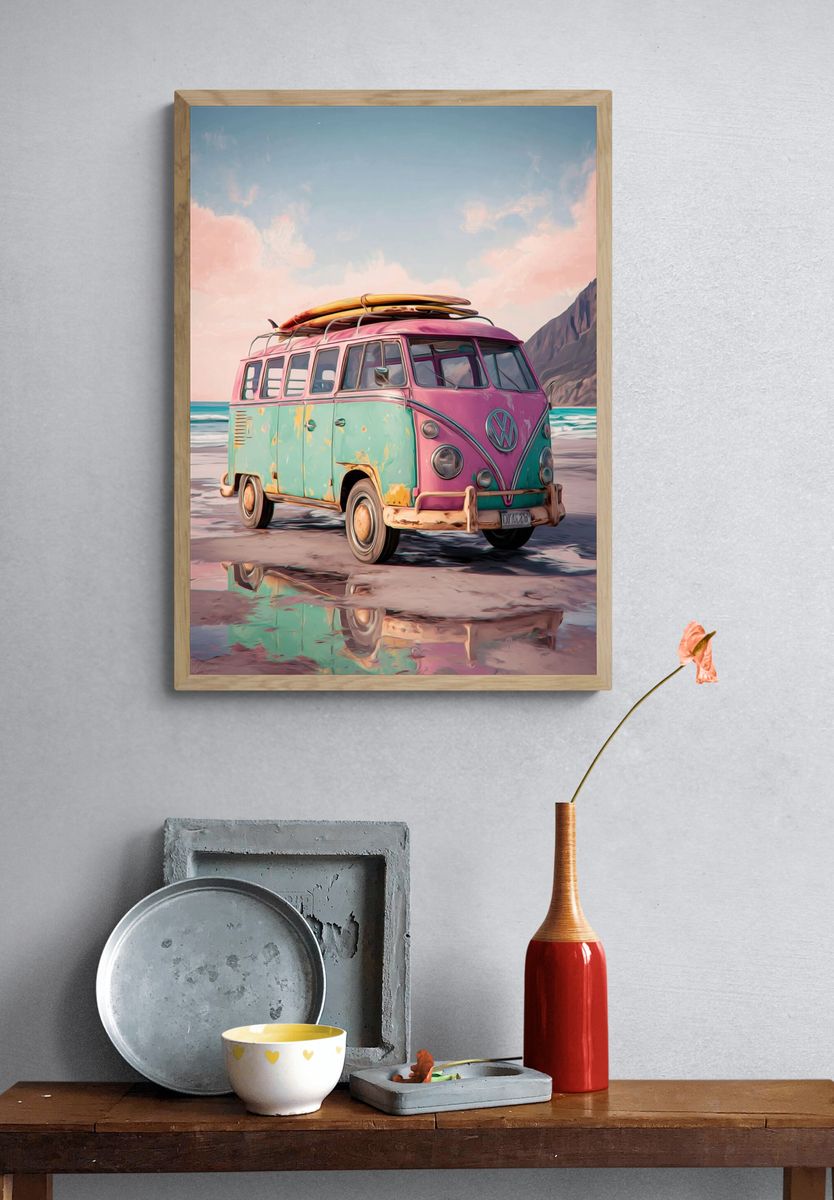 Pastel Surf Van Illustration Print. — room view 3