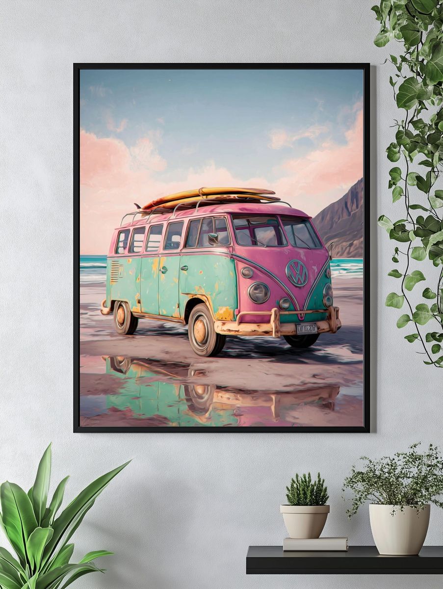 Pastel Surf Van Illustration Print. — room view 4