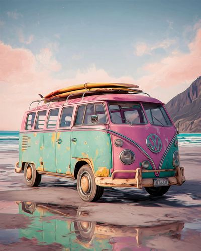 Pastel Surf Van Illustration Print. poster