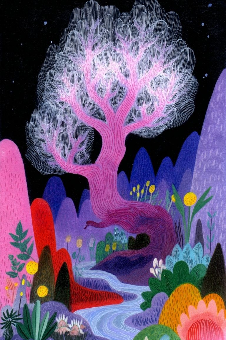 Whimsical Tree Landscape — Illustration Print. poster detail