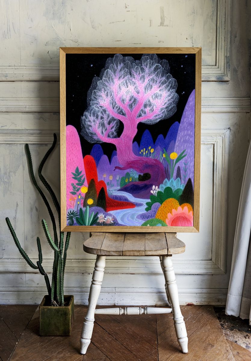 Whimsical Tree Landscape — Illustration Print. — room view 1