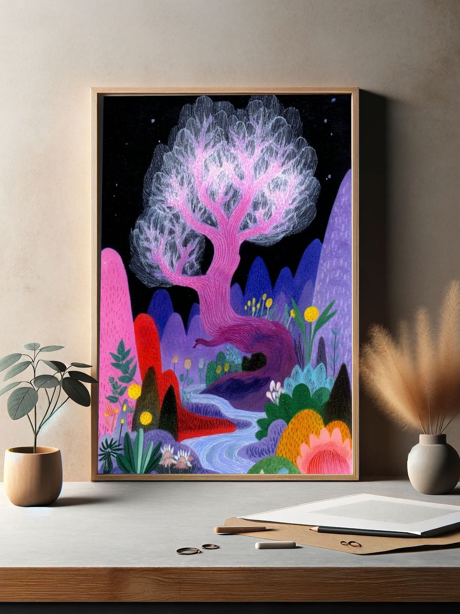 Whimsical Tree Landscape — Illustration Print. — room view 2