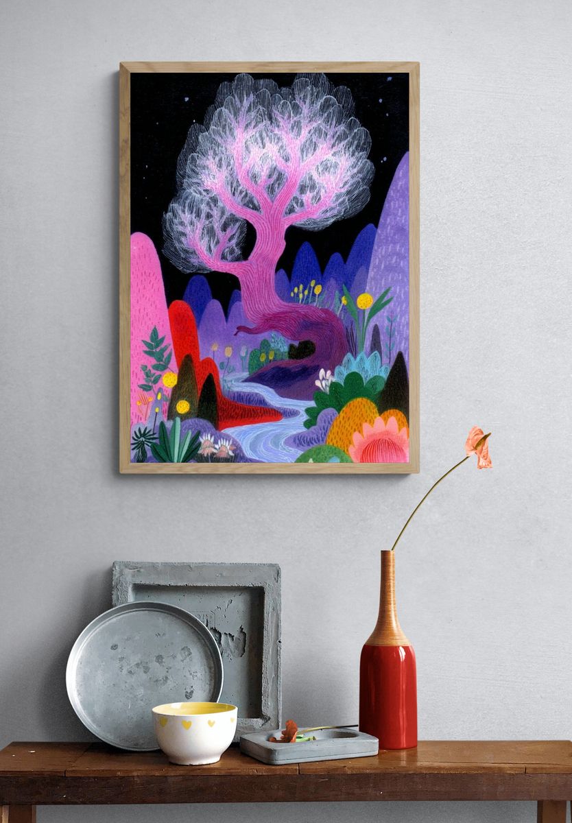 Whimsical Tree Landscape — Illustration Print. — room view 3